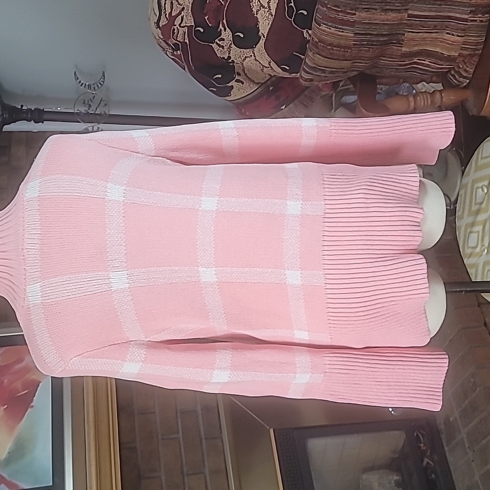 Pink and white mock neck sweater ribbed flare sleeves no tags see measurements - Picture 7 of 14